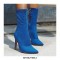 Pointed Toe Stiletto Heels Ankle High Side Zipper Flock Boots  - Blue