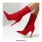 Pointed Toe Stiletto Heels Ankle High Side Zipper Flock Boots  - Red