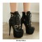 Stiletto Heels Round Toe Ankle Buckle Golden Rivet Straps Lace Up Patent Booties with Side Zipper - Black