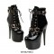 Stiletto Heels Round Toe Ankle Buckle Golden Rivet Straps Lace Up Patent Booties with Side Zipper - Black