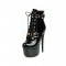 Stiletto Heels Round Toe Ankle Buckle Golden Rivet Straps Lace Up Patent Booties with Side Zipper - Black