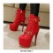 Stiletto Heels Round Toe Ankle Buckle Golden Rivet Straps Lace Up Patent Booties with Side Zipper - Red