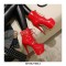 Stiletto Heels Round Toe Ankle Buckle Golden Rivet Straps Lace Up Patent Booties with Side Zipper - Red