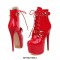 Stiletto Heels Round Toe Ankle Buckle Golden Rivet Straps Lace Up Patent Booties with Side Zipper - Red