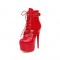Stiletto Heels Round Toe Ankle Buckle Golden Rivet Straps Lace Up Patent Booties with Side Zipper - Red