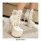 Stiletto Heels Round Toe Ankle Buckle Golden Rivet Straps Lace Up Patent Booties with Side Zipper - White