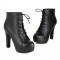 Round Toe Lace Up Block Heels Ankle Highs Low Platforms Boots - Black Faux Leather