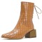 Pointed Toe Medium Block Heels Ankle High Autumn Crocodile Embossed Back Lace Up Side Zipper Boots - Yellow