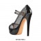 Italian Heels Peep Toe Platform Transparent Patent Mesh Mary Janes Pumps - Black