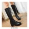 Chunky Heels Round Toe Knee High Lace-Up Boots with Side Zipper - Black