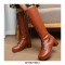 Chunky Heels Round Toe Knee High Lace-Up Boots with Side Zipper - Brown