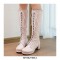 Chunky Heels Round Toe Knee High Lace-Up Boots with Side Zipper - Pink