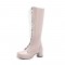 Chunky Heels Round Toe Knee High Lace-Up Boots with Side Zipper - Pink