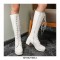 Chunky Heels Round Toe Knee High Lace-Up Boots with Side Zipper - White