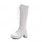 Chunky Heels Round Toe Knee High Lace-Up Boots with Side Zipper - White