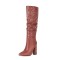 Pointed Toe Chunky Heels Knee Highs Fashionable High Tube Boots - Brown Faux Leather