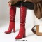 Pointed Toe Chunky Heels Knee Highs Fashionable High Tube Boots - Red Faux Leather
