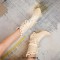 Round Toe Lace Up Victorian Style Butterfly Knot Cosplay Costumes Kitten Heels Knee Highs Booties - Beige