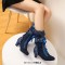 Round Toe Lace Up Victorian Style Butterfly Knot Cosplay Costumes Kitten Heels Knee Highs Booties - Blue