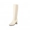 Chunky Heels Pull On Knee High Strecth Boots - Beige