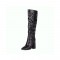 Chunky Block Heels Pointed Toe Knee High Pull On Crocodile Embossed Boots - Black