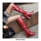 Chunky Block Heels Pointed Toe Knee High Pull On Crocodile Embossed Boots - Red