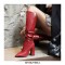 Chunky Block Heels Pointed Toe Knee High Pull On Crocodile Embossed Boots - Red