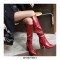 Chunky Block Heels Pointed Toe Knee High Pull On Crocodile Embossed Boots - Red