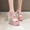 Peep Toe Shiny Silver Stiletto Heels Platforms Star Decorated Cross Straps Catwalk Sandals - Pink Faux Leather