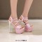 Peep Toe Shiny Silver Stiletto Heels Platforms Star Decorated Cross Straps Catwalk Sandals - Pink Faux Leather