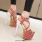 Peep Toe Shiny Silver Stiletto Heels Platforms Star Decorated Cross Straps Catwalk Sandals - Red Faux Leather