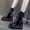 Round Toe Rivet with Chain Decorated New Rock Punk Lace Up Chunky Heels Platforms Ankle High Boots - Black