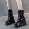 Round Toe Rivet with Chain Decorated New Rock Punk Lace Up Chunky Heels Platforms Ankle High Boots - Black