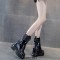 Round Toe Rivet with Chain Decorated New Rock Punk Lace Up Chunky Heels Platforms Ankle High Boots - Black