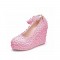 Round Toe 4 Inches Heels Lace Flower Decorated Platforms Ankle Straps Wedges - Pink