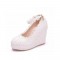 Round Toe 4 Inches Heels Lace Flower Decorated Platforms Ankle Straps Wedding Bride Wedges - White