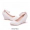 Pointed Toe 3 Inches Heels Lace Flower Decorated Platforms Ankle Straps Wedding Bride Wedges - White