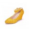 Pointed Toe 3 Inches Heels Lace Flower Decorated Platforms Ankle Straps Wedges - Yellow