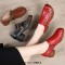 Round Toe Flower Decorated Bohemian Vintage Chunky Heels Loafer Pumps - Brown Faux Leather