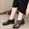 Round Toe Flower Decorated Bohemian Vintage Chunky Heels Loafer Pumps - Black Faux Leather