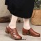 Round Toe Flower Decorated Bohemian Vintage Chunky Heels Loafer Pumps - Brown Faux Leather