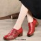 Round Toe Flower Decorated Bohemian Vintage Chunky Heels Loafer Pumps - Red Faux Leather