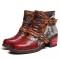 Round Toe Ankle Buckle Vintage Straps Chunky Heels Boots - Red