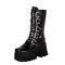 Round Toe Belt Buckle Double Row Rivet Chunky Heels Platforms Knee Highs Boots - Black Faux Leather