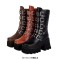Round Toe Belt Buckle Double Row Rivet Chunky Heels Platforms Knee Highs Boots - Yellow Faux Leather