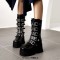 Round Toe Belt Buckle Double Row Rivet Chunky Heels Platforms Knee Highs Boots - Black Faux Leather