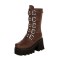 Round Toe Belt Buckle Double Row Rivet Chunky Heels Platforms Knee Highs Boots - Brown Faux Leather