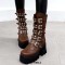 Round Toe Belt Buckle Double Row Rivet Chunky Heels Platforms Knee Highs Boots - Brown Faux Leather