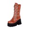 Round Toe Belt Buckle Double Row Rivet Chunky Heels Platforms Knee Highs Boots - Yellow Faux Leather