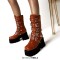 Round Toe Belt Buckle Double Row Rivet Chunky Heels Platforms Knee Highs Boots - Yellow Faux Leather